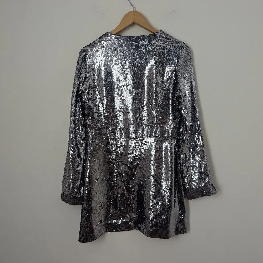 Tory Burch silver sequin silk Auriela long sleeve disco party cocktail dress